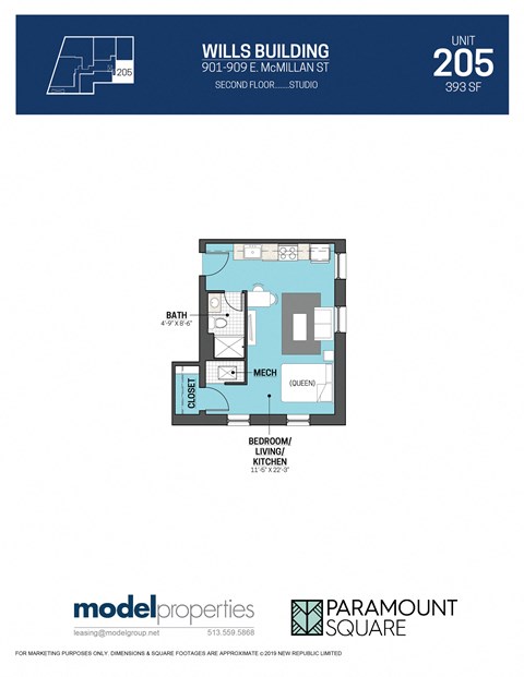 Floor plan for studio, 1 bath, 393 sqft